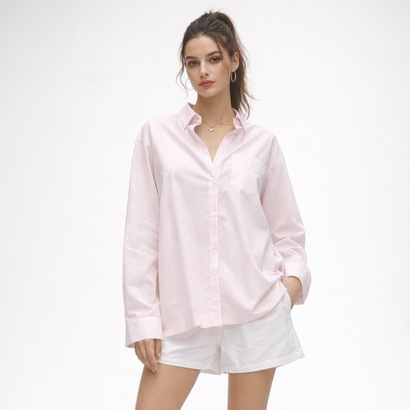 Free People X Frankies Bikinis Pajama Top S Pink White Stripe Poplin Sleep Shirt